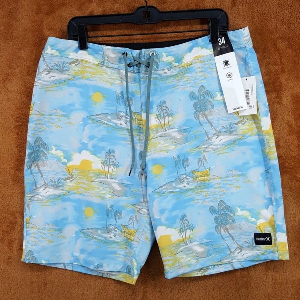 HURLEY Board Shorts Mens Size 34 Blue Tropical Boardshorts Island Palm Tree